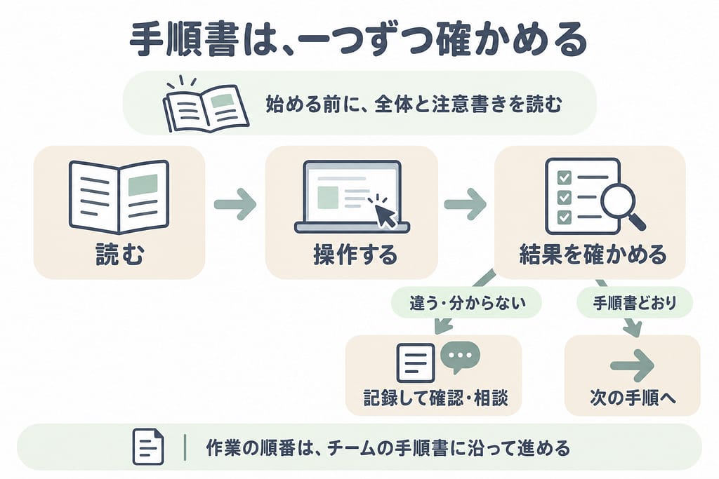 手順書を読み、操作し、結果を確認する流れ。手順書どおりなら次へ、違う場合や分からない場合は記録して確認・相談する。