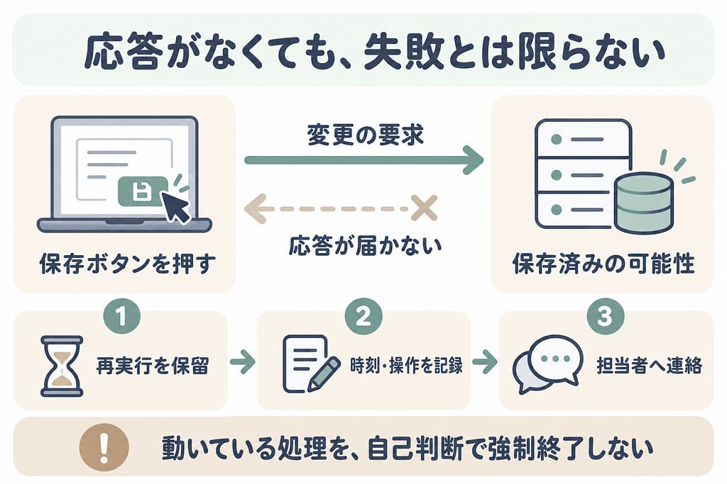 保存要求が届いても応答が戻らないことがある。保存済みの可能性があるため、再実行を保留し、時刻と操作を記録して担当者へ連絡する