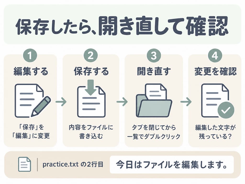 編集、保存、タブを閉じて一覧から開き直す、変更を確認する順序。practice.txtの2行目が「今日はファイルを編集します。」になっているか確かめる。