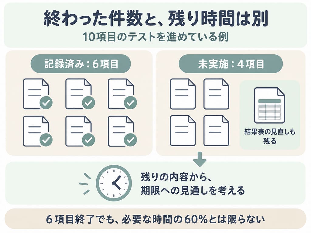テスト10項目のうち6項目を記録済みでも、未実施4項目と結果表の見直しが残る。件数だけでは残り時間は分からず、残りの内容から期限への見通しを考える。