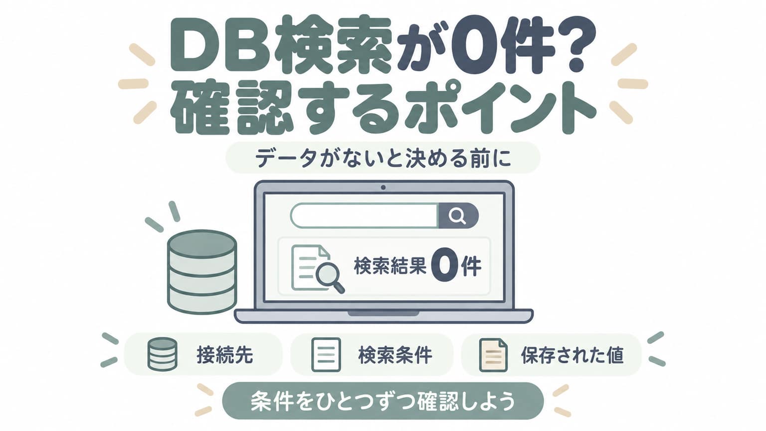 | 「SELECTの結果が0件になるときの確認ポイント」。構文を学んだ後、想定した行が出ない読者の次の行動につなぐ
