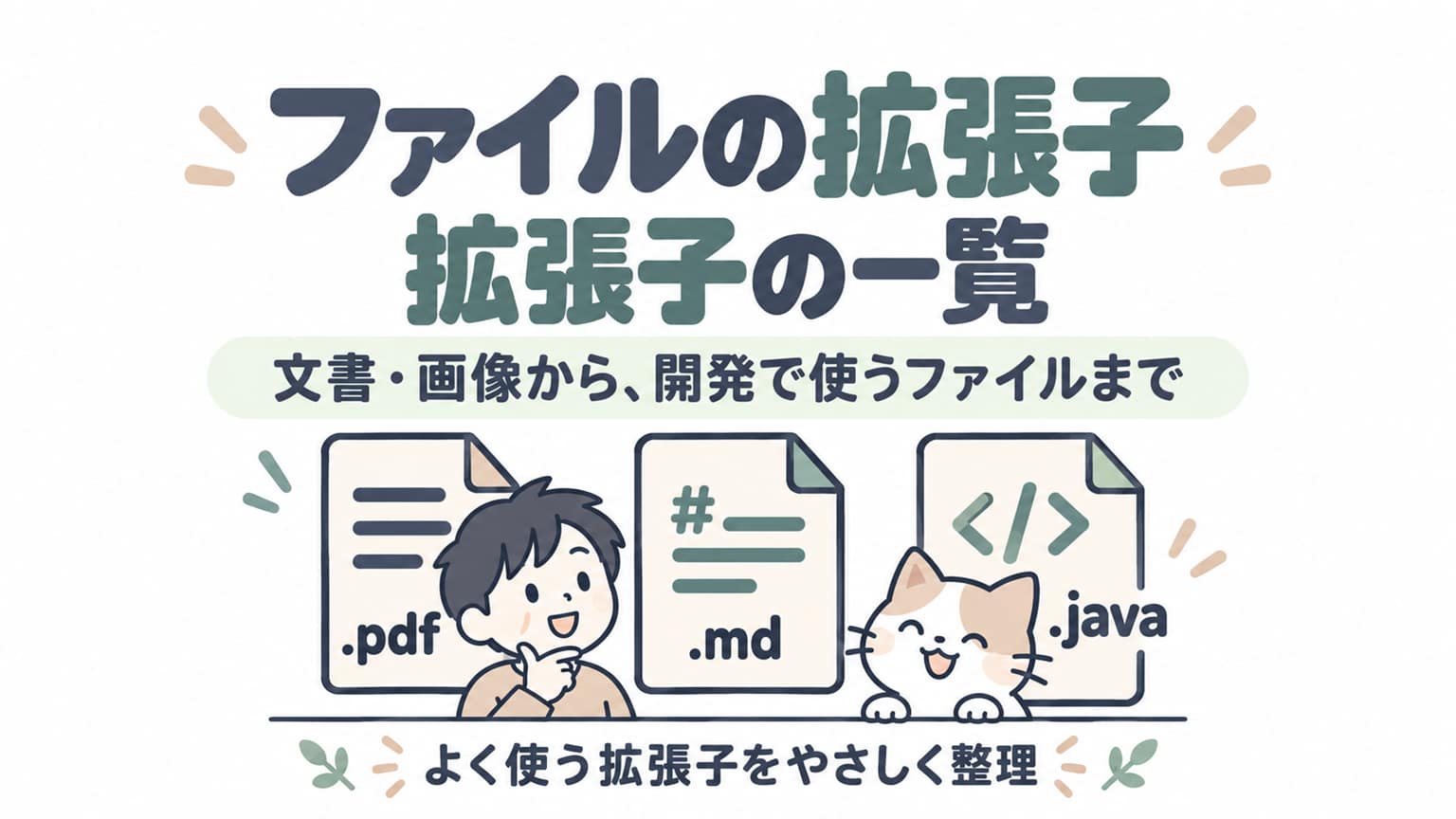 ファイルの拡張子一覧。PDF・Markdown・Javaのファイルを、人物と猫のイラストとともに紹介。