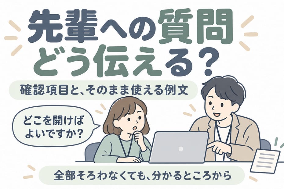画面を見ながら、開く場所が分からないことを先輩に質問する新人。
