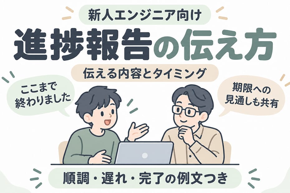 新人エンジニアが、終わった作業と期限への見通しを先輩に報告する様子。