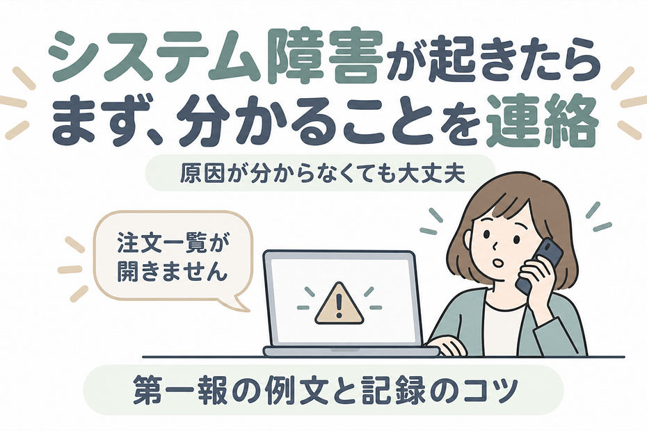 システム障害に気づき、注文一覧が開かないことを電話で担当者へ伝える新人。第一報の例文と記録のコツを紹介