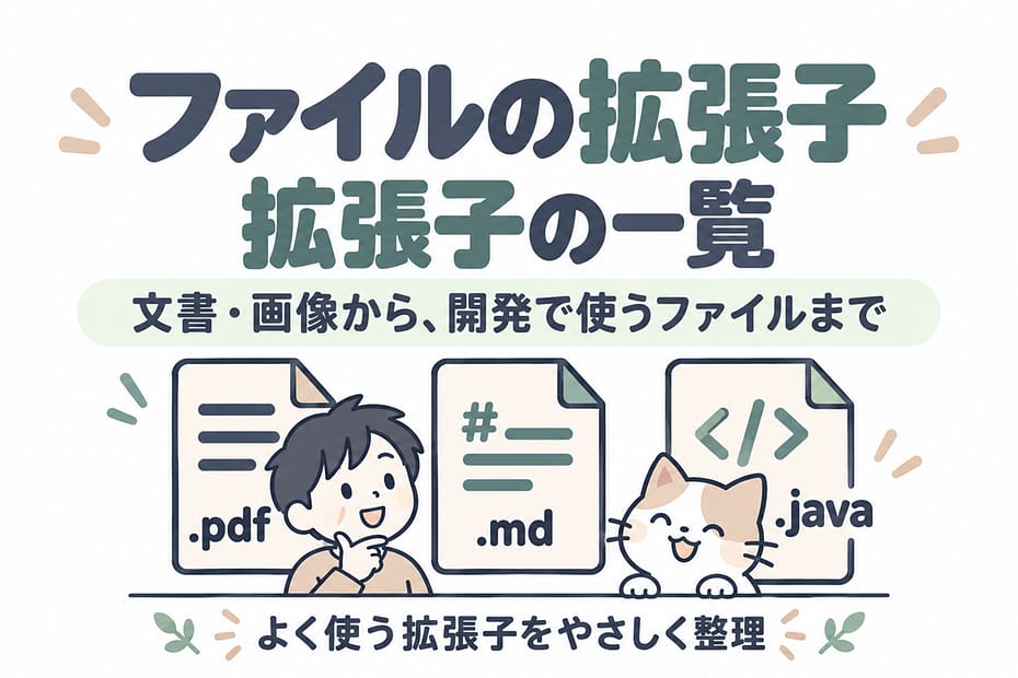 ファイルの拡張子一覧。PDF・Markdown・Javaのファイルを、人物と猫のイラストとともに紹介。
